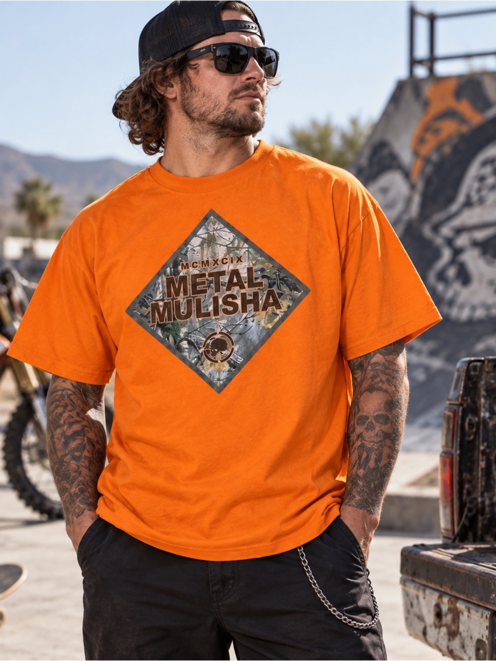 Vtg Metal Mulisha T-shirt Graphic Short Sleeve Orange MCMXCIX Mens XL